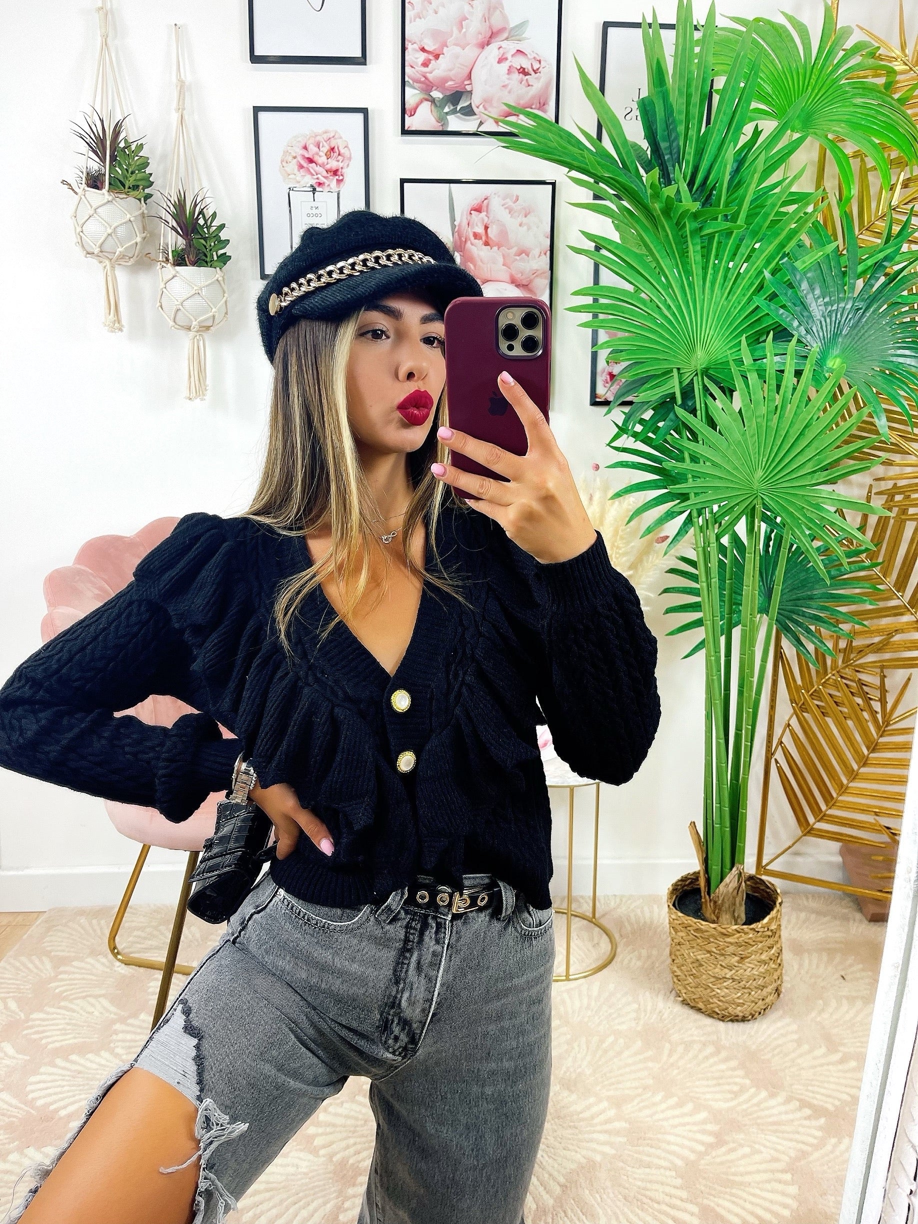 Maglione con Rouches e bottoni gioiello