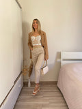 Pantalone vita alta beige