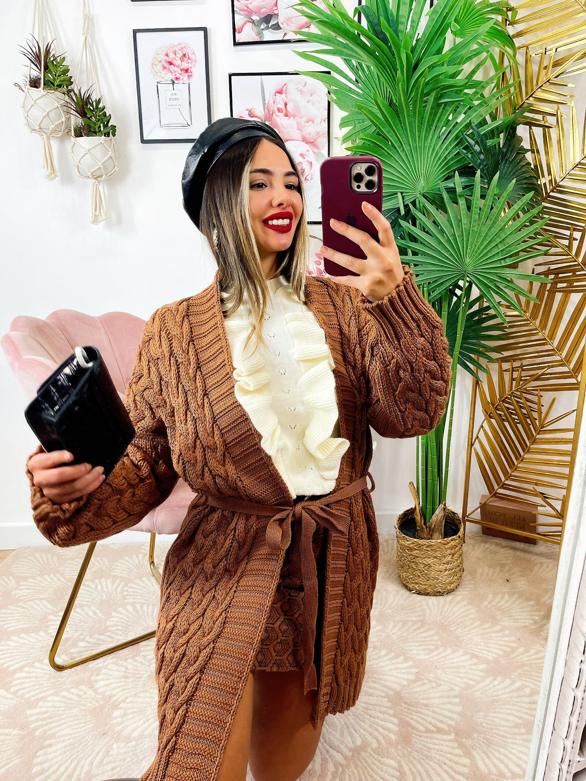Cardigan Camel con trecce e cintura