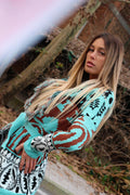 Cardigan Verdeacqua con frange e cinta
