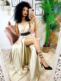 Abito in raso con maxi spacco beige