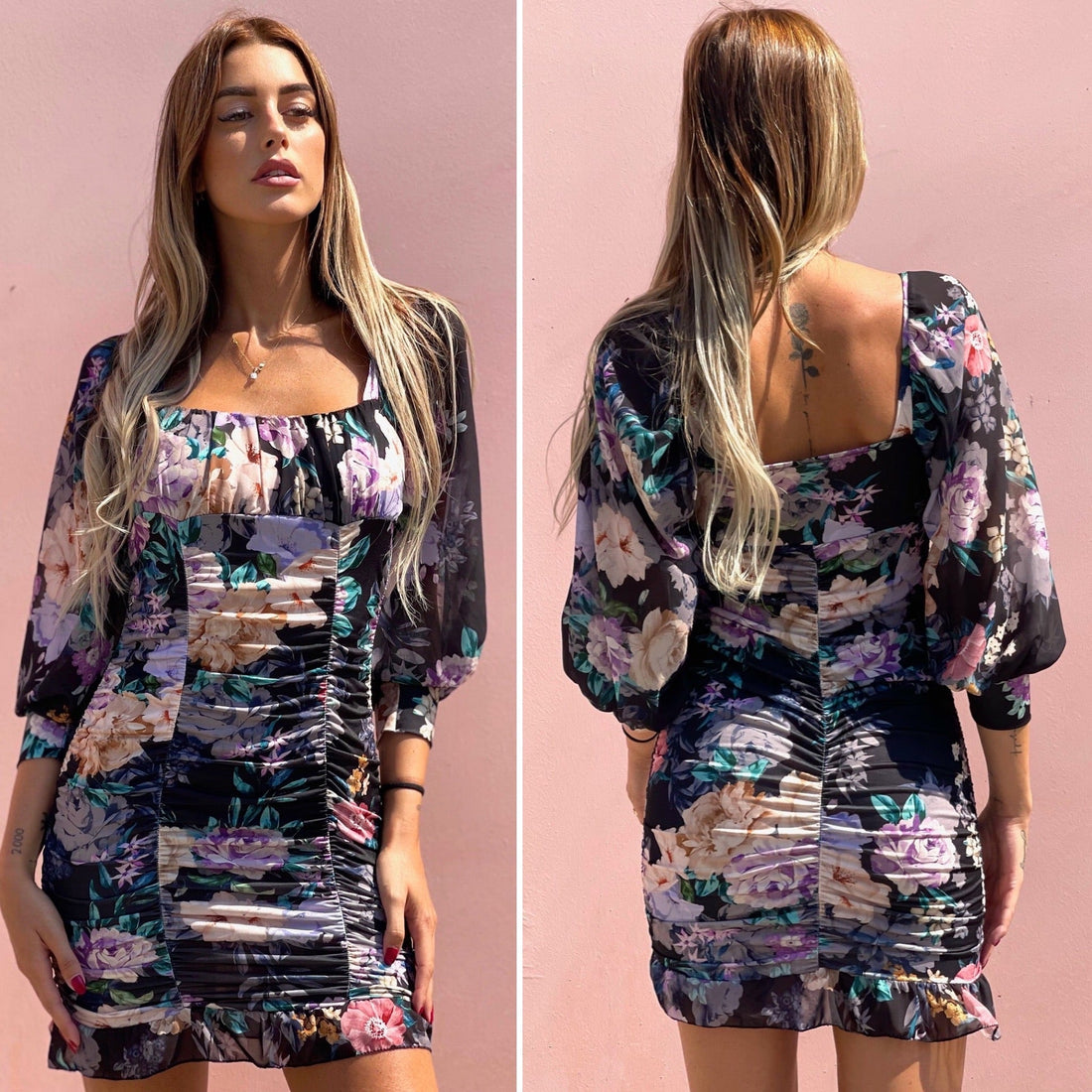 Abito arricciato nero con fiori rosa
