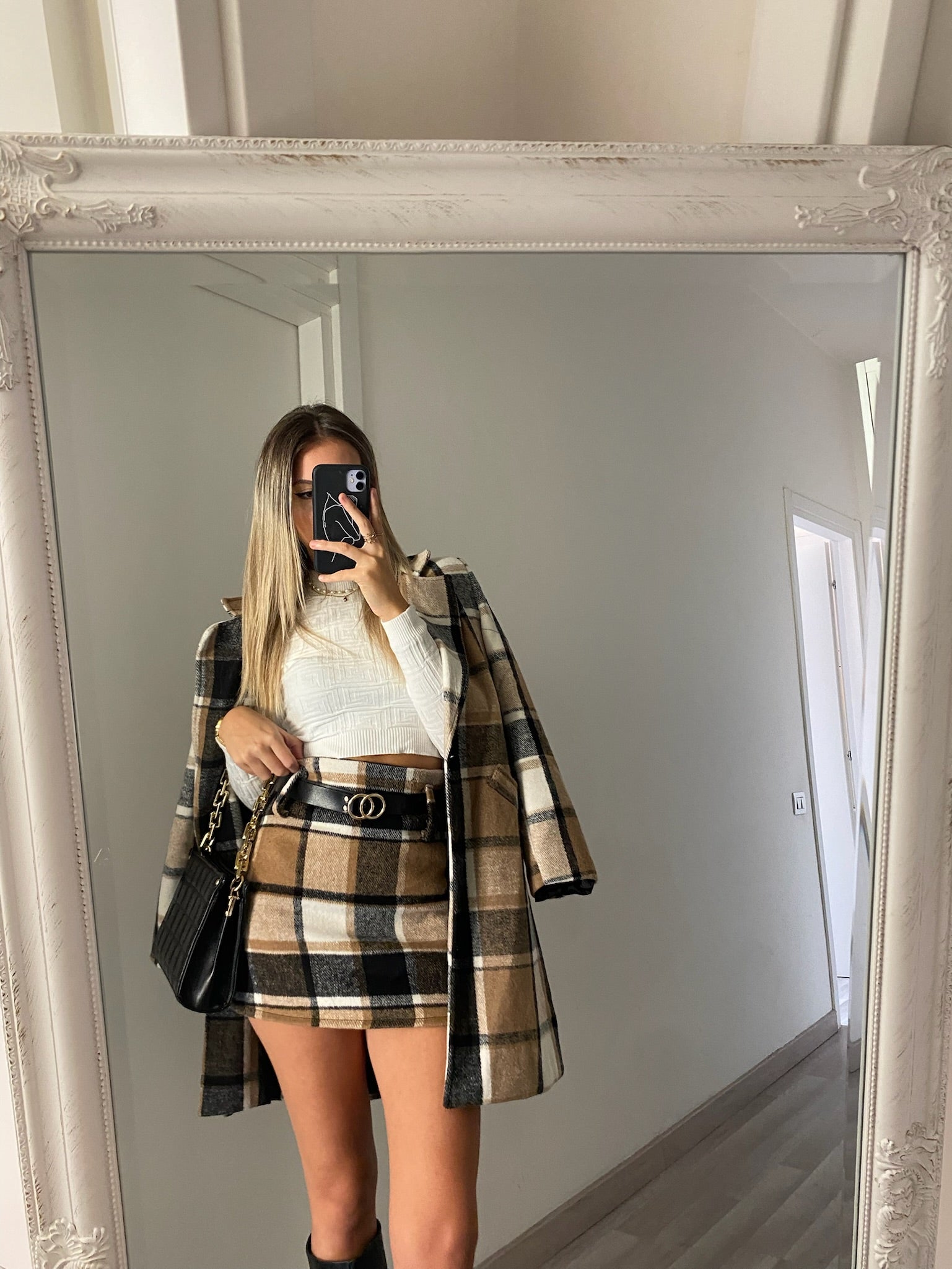 Gonna in tweed Camel nero