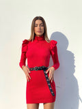 Abito a costine Rosso con Rouches sulle maniche