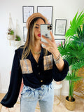 Camicia con tasca ricamata check nera