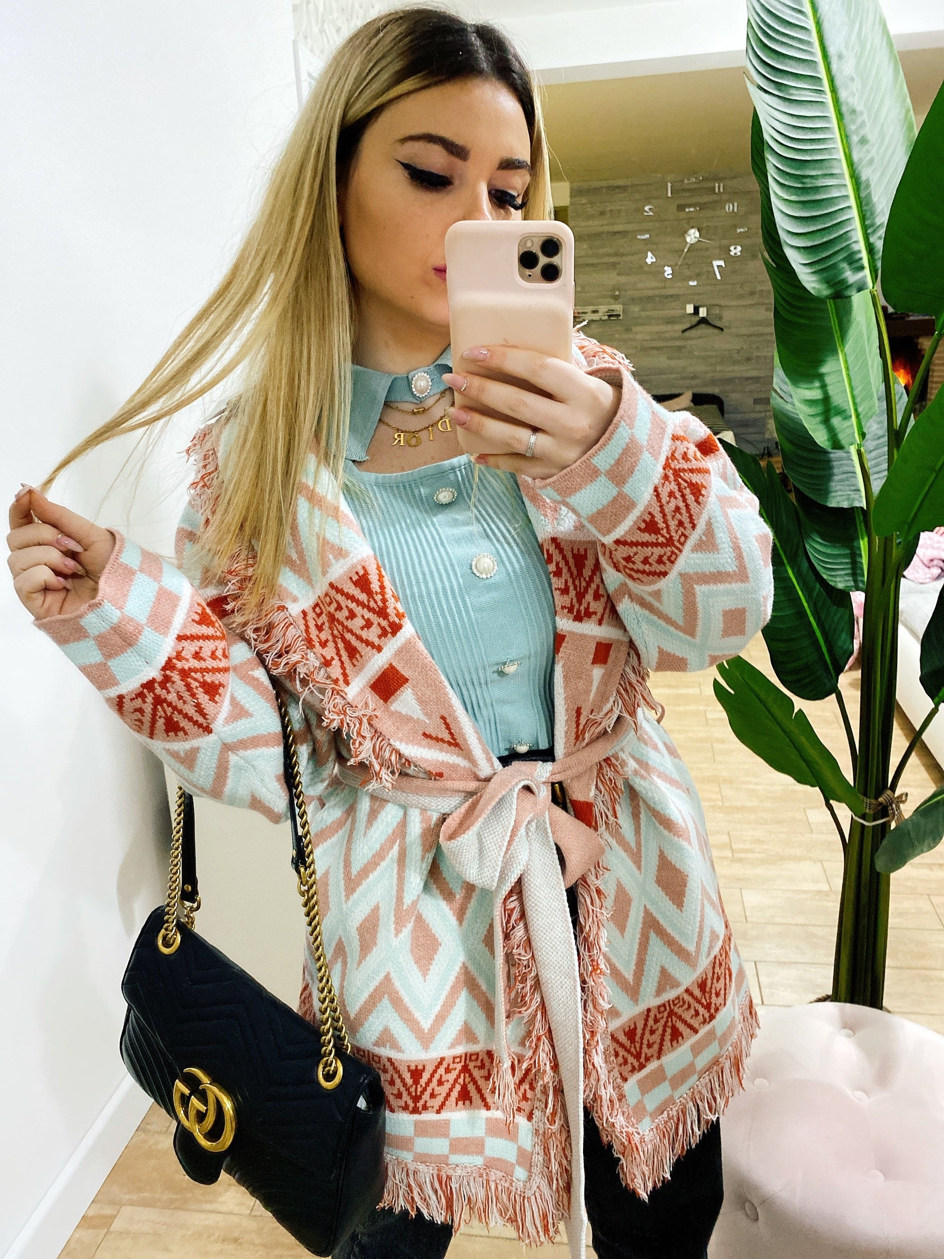 Cardigan frange e cinta pesca