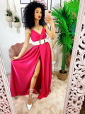 Abito in raso con maxi spacco fuxia