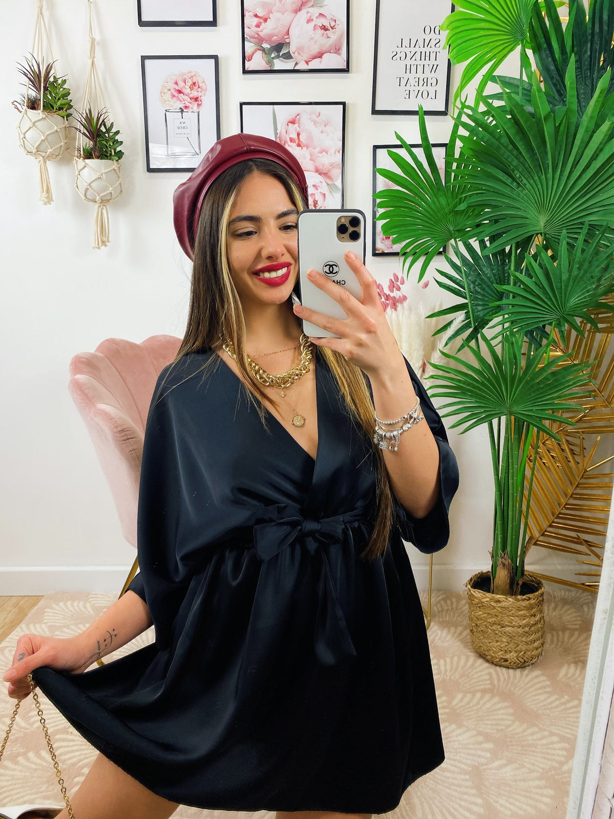 Abito a kimono in raso con cintura