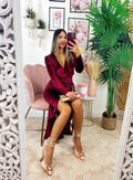 Abito lungo in velluto con maxi spacco Bordeaux