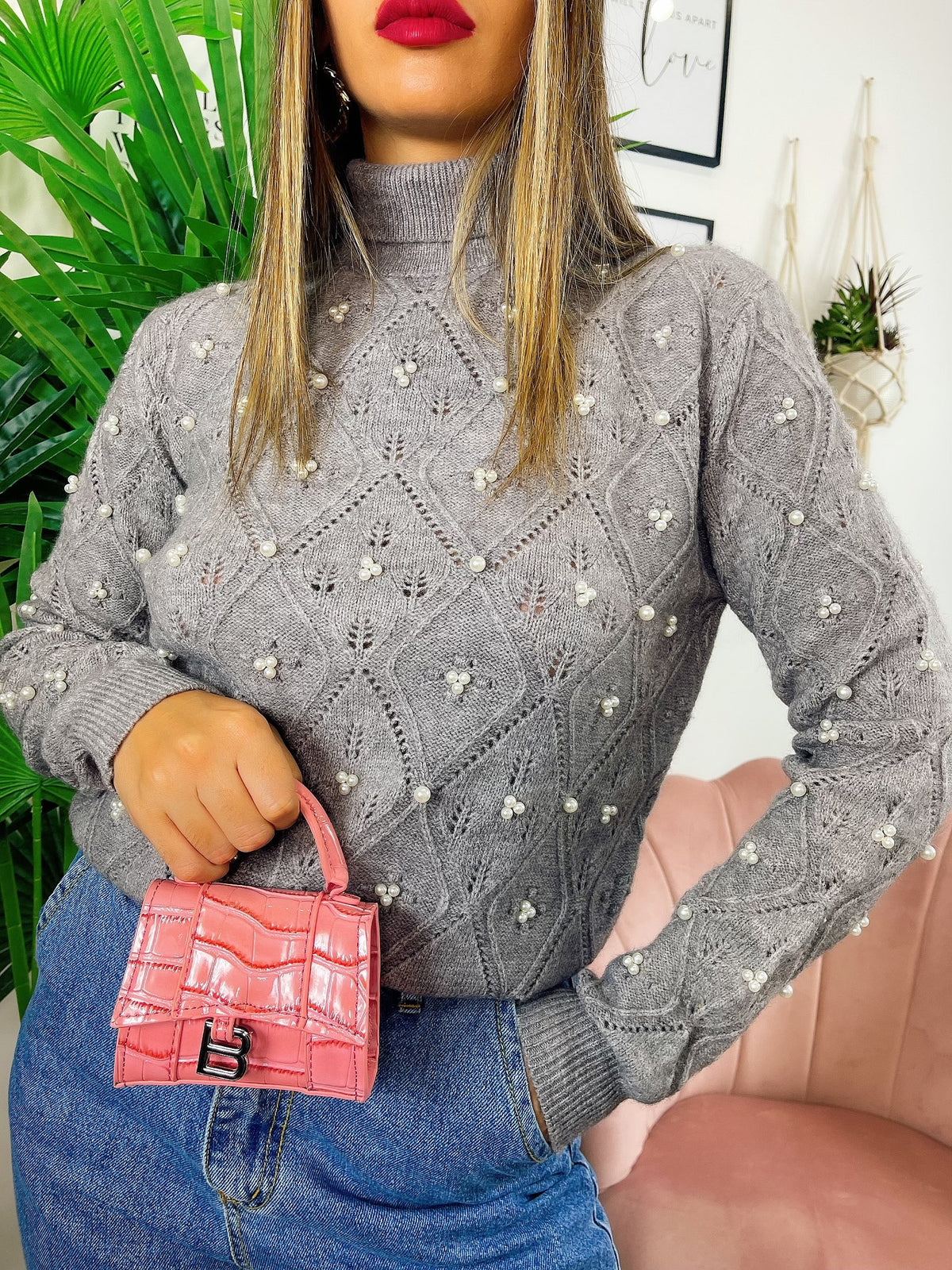 Maglione top quality con perle grigio