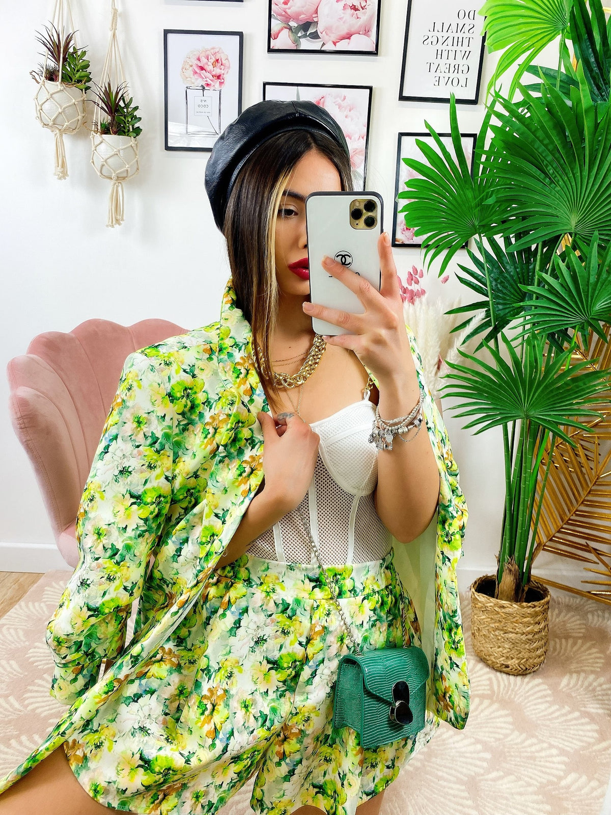 Completo Giacca e Short fiori lime