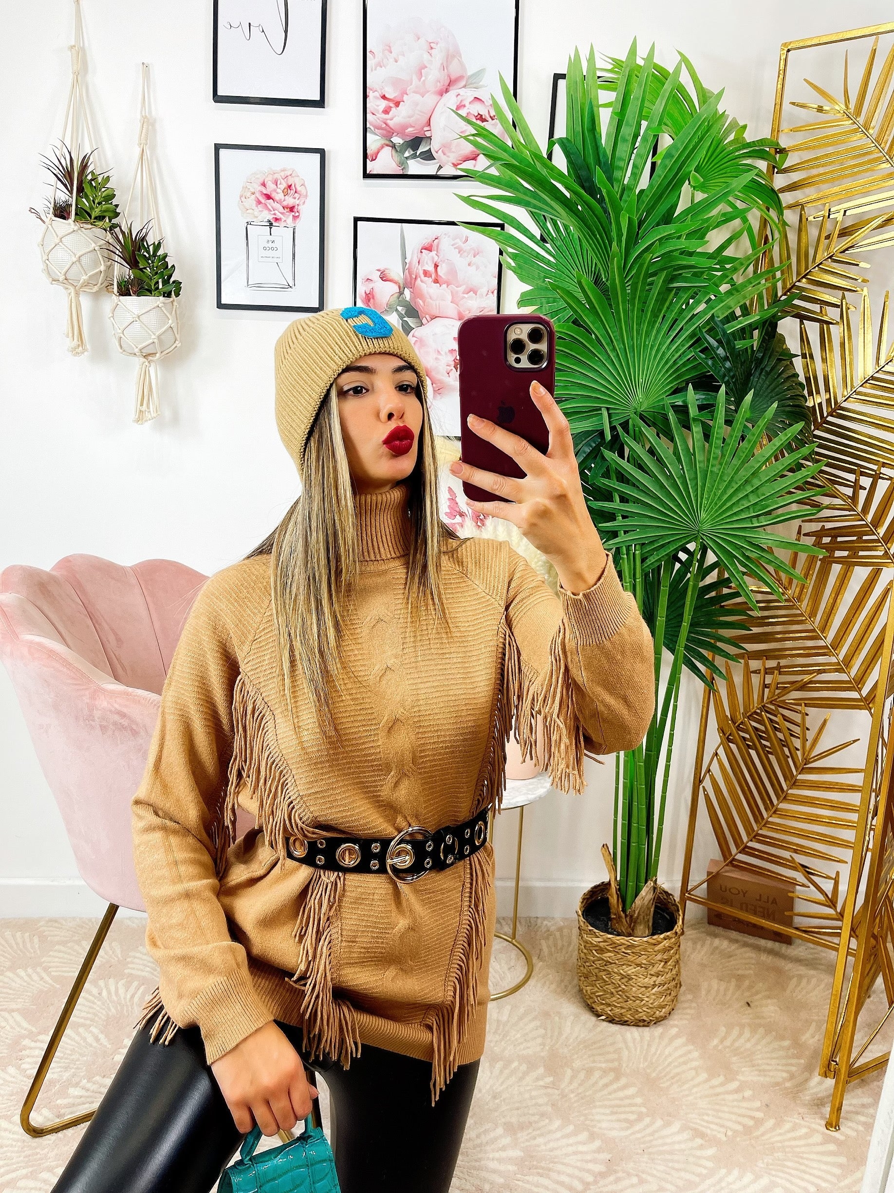 Abito in maglia con frange camel