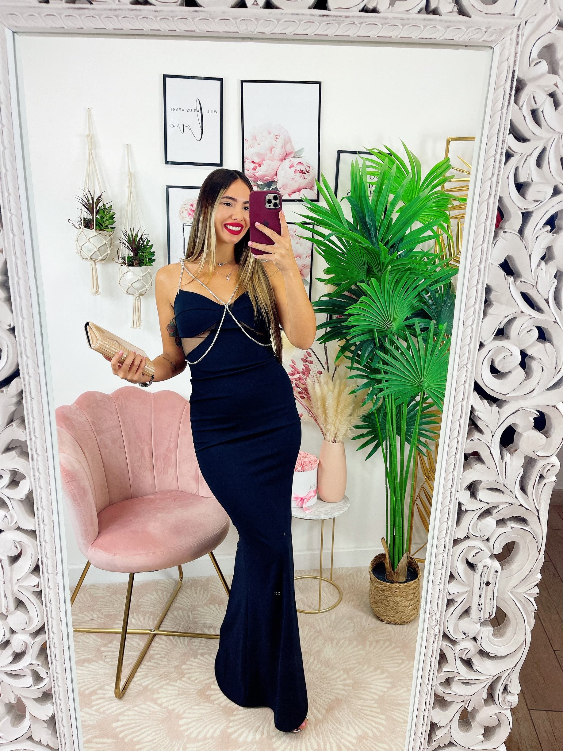 Abito lungo con dettaglio in strass Nero
