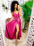 Abito in raso con maxi spacco peonia