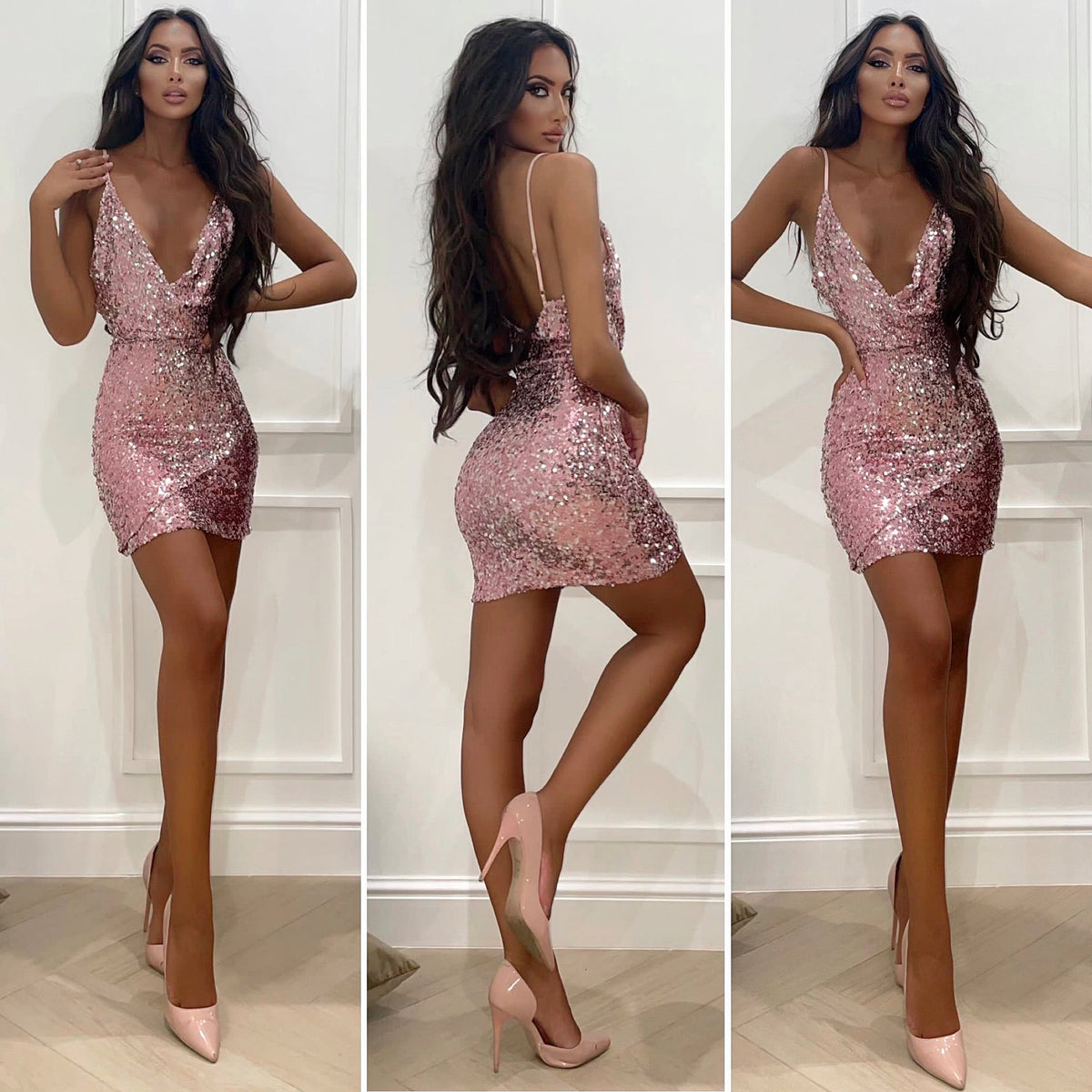 Abito con paillettes rosa scollo a V