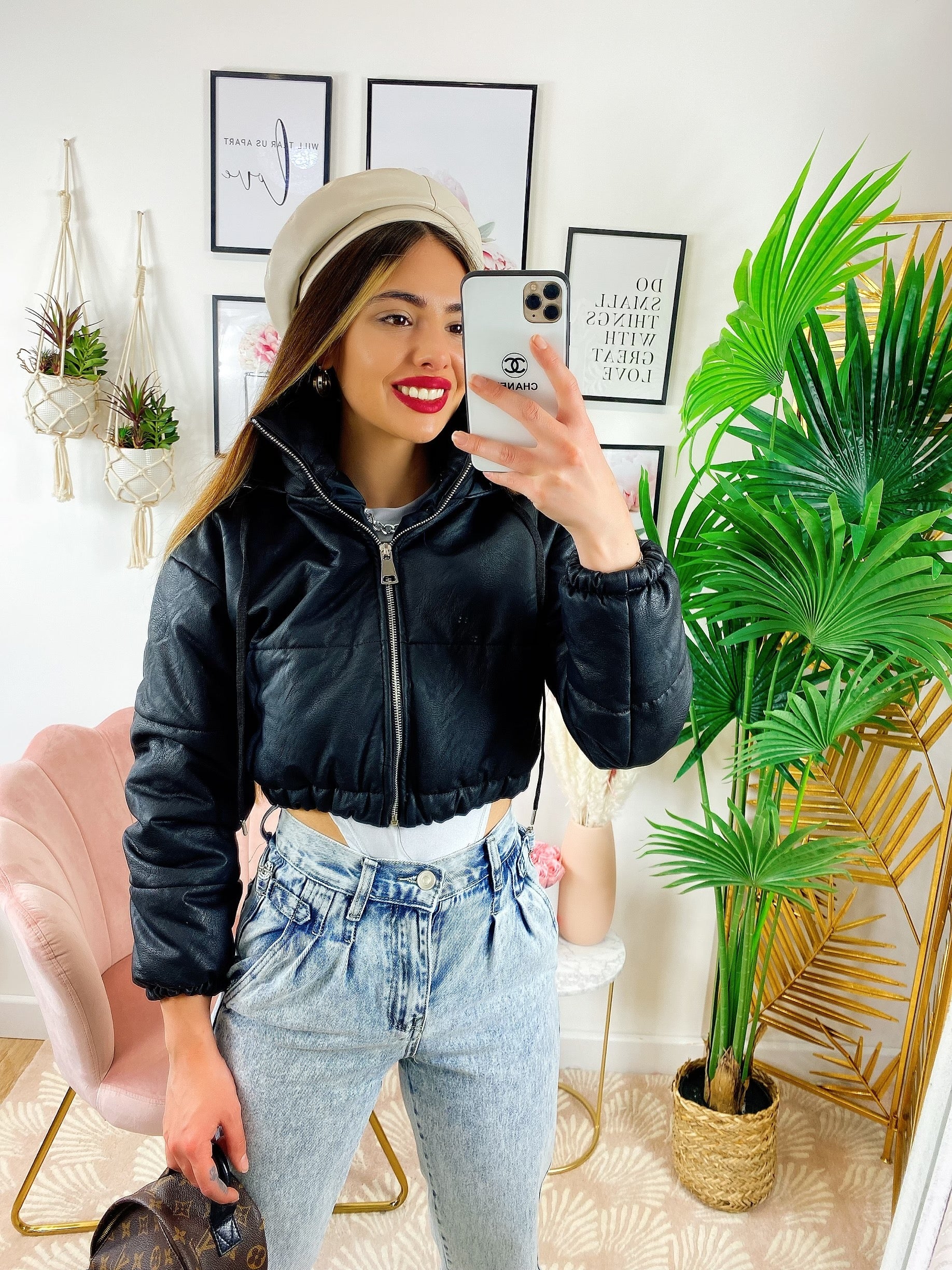 Bomber crop in ecopelle Nero