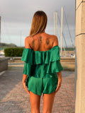 Tutina verde scollo a barchetta e balze