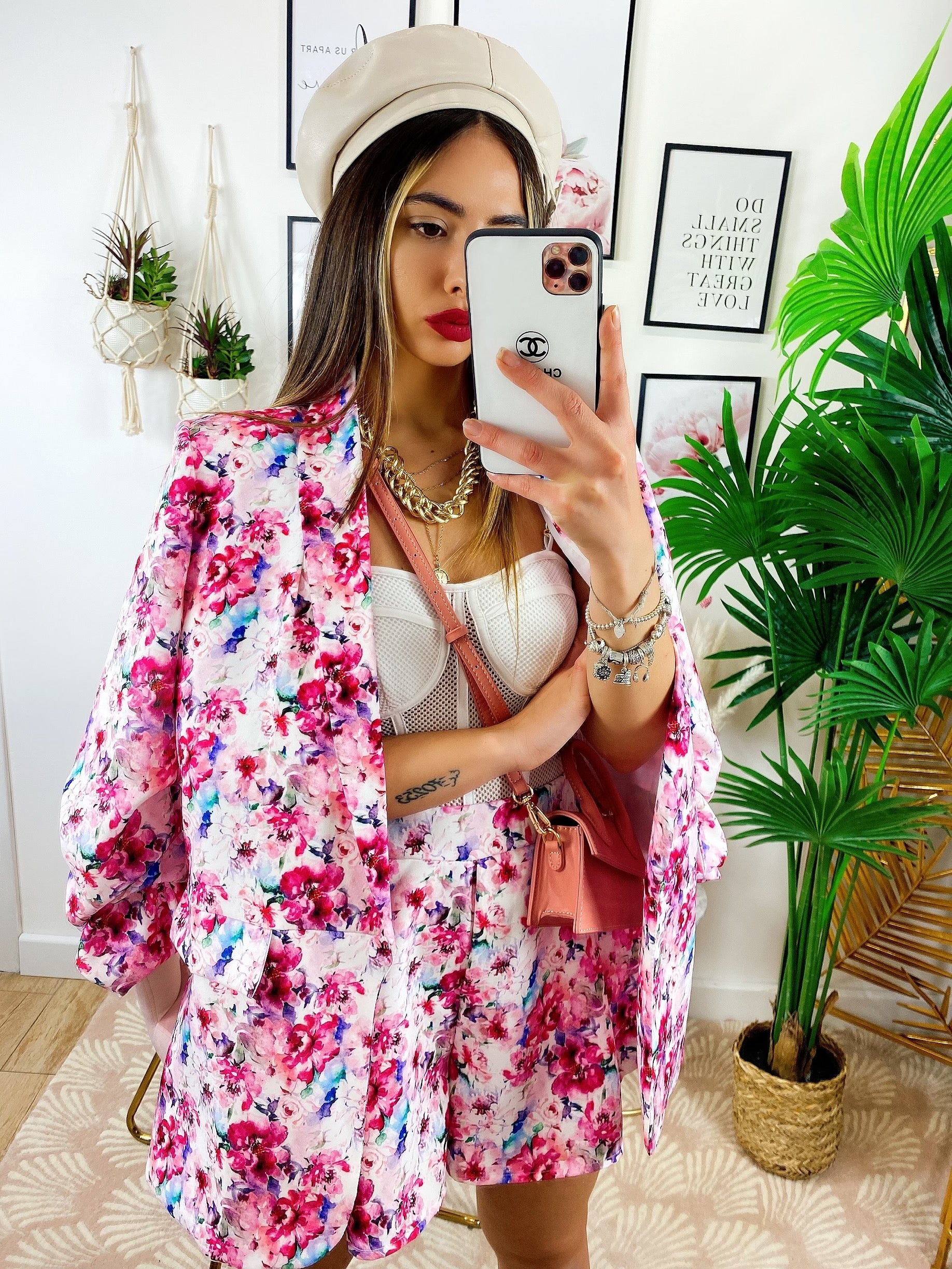 Completo Giacca e Short fiori fucsia