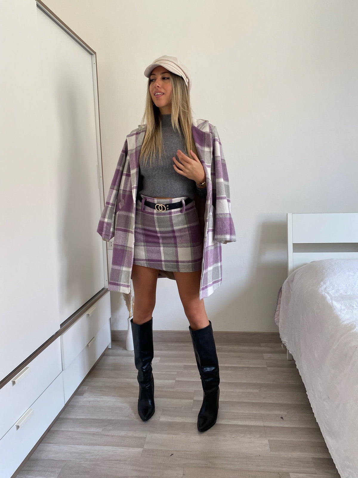 Cappotto check trama lilla