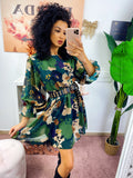 Abito manica lunga con fiori verde militare