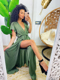 Abito lungo verde militare con spacco