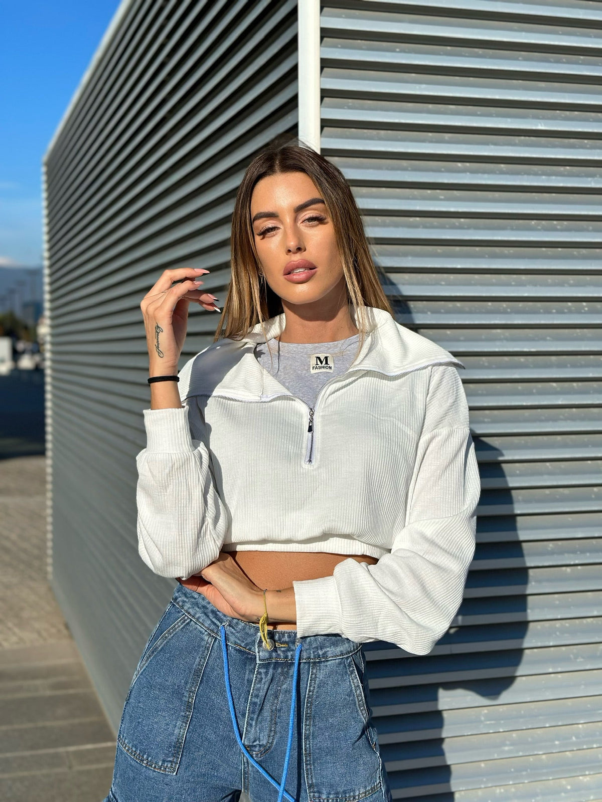 T-shirt più felpa crop bianco