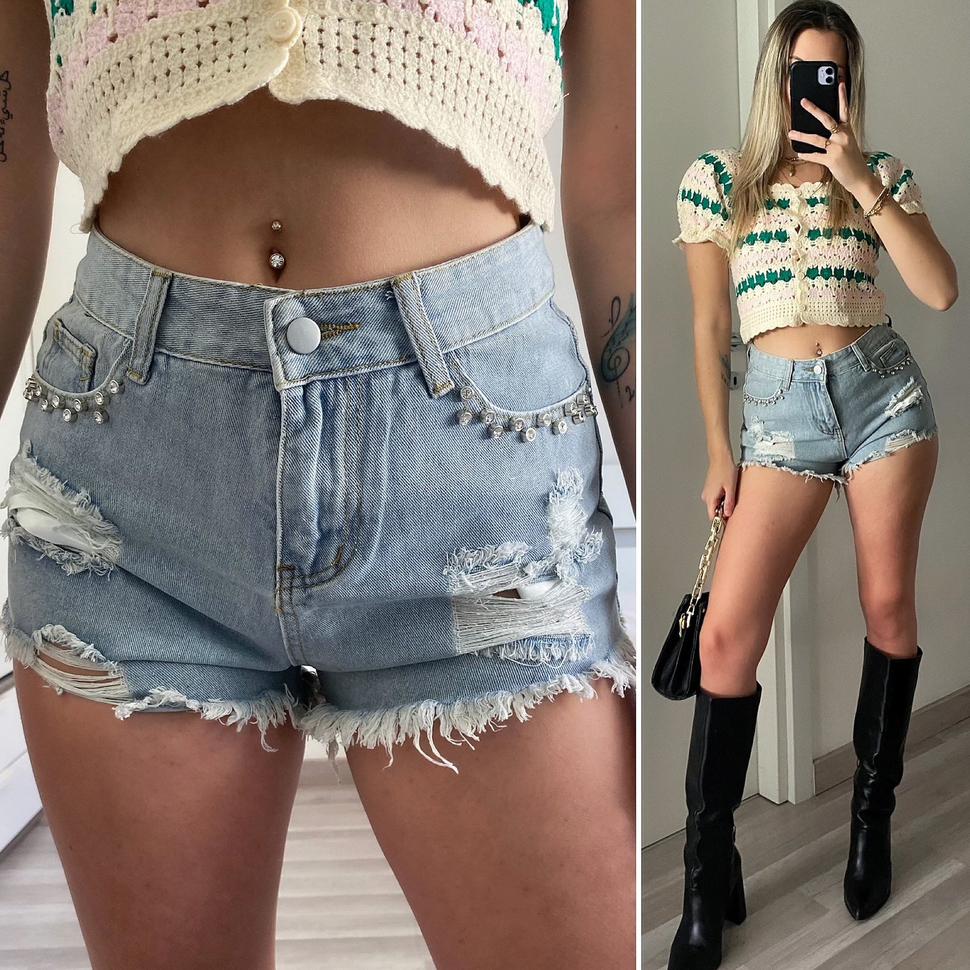 Short in jeans con strass