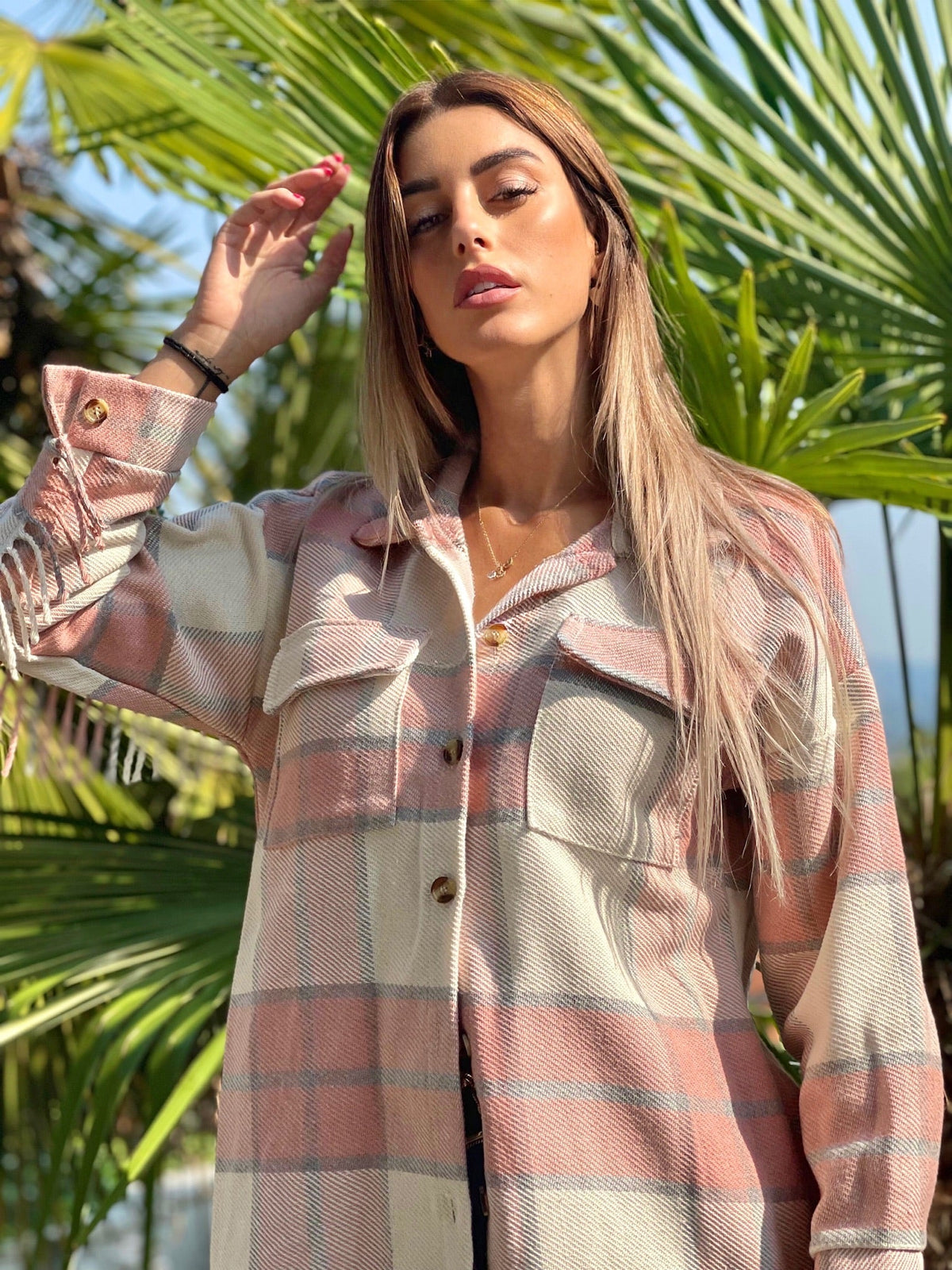 Giacca a quadri Rosa con frange