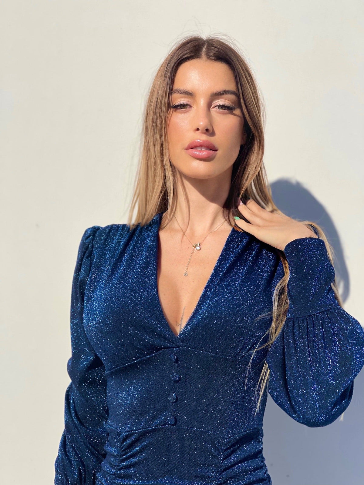 Abito glitter blu con bottoncini