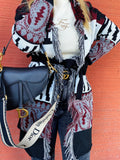 Cardigan Black/Bordeaux con frange e cinta