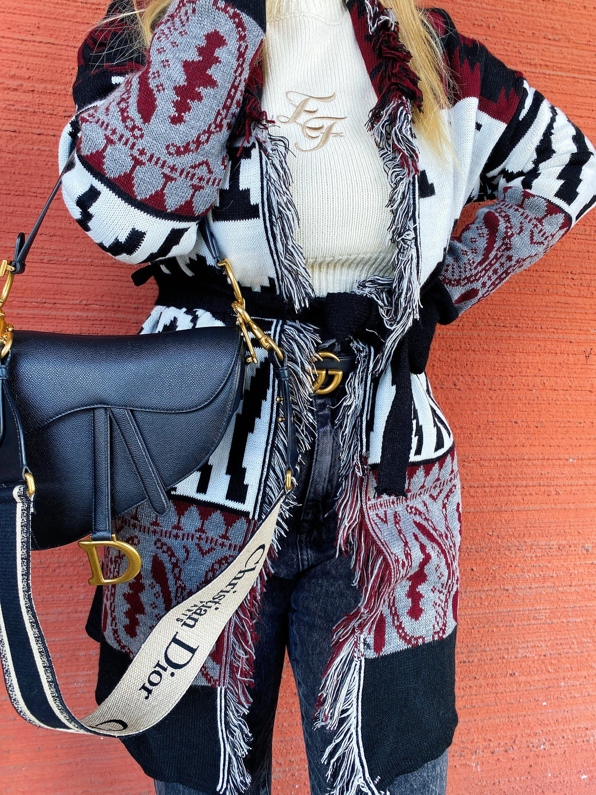 Cardigan Black/Bordeaux con frange e cinta