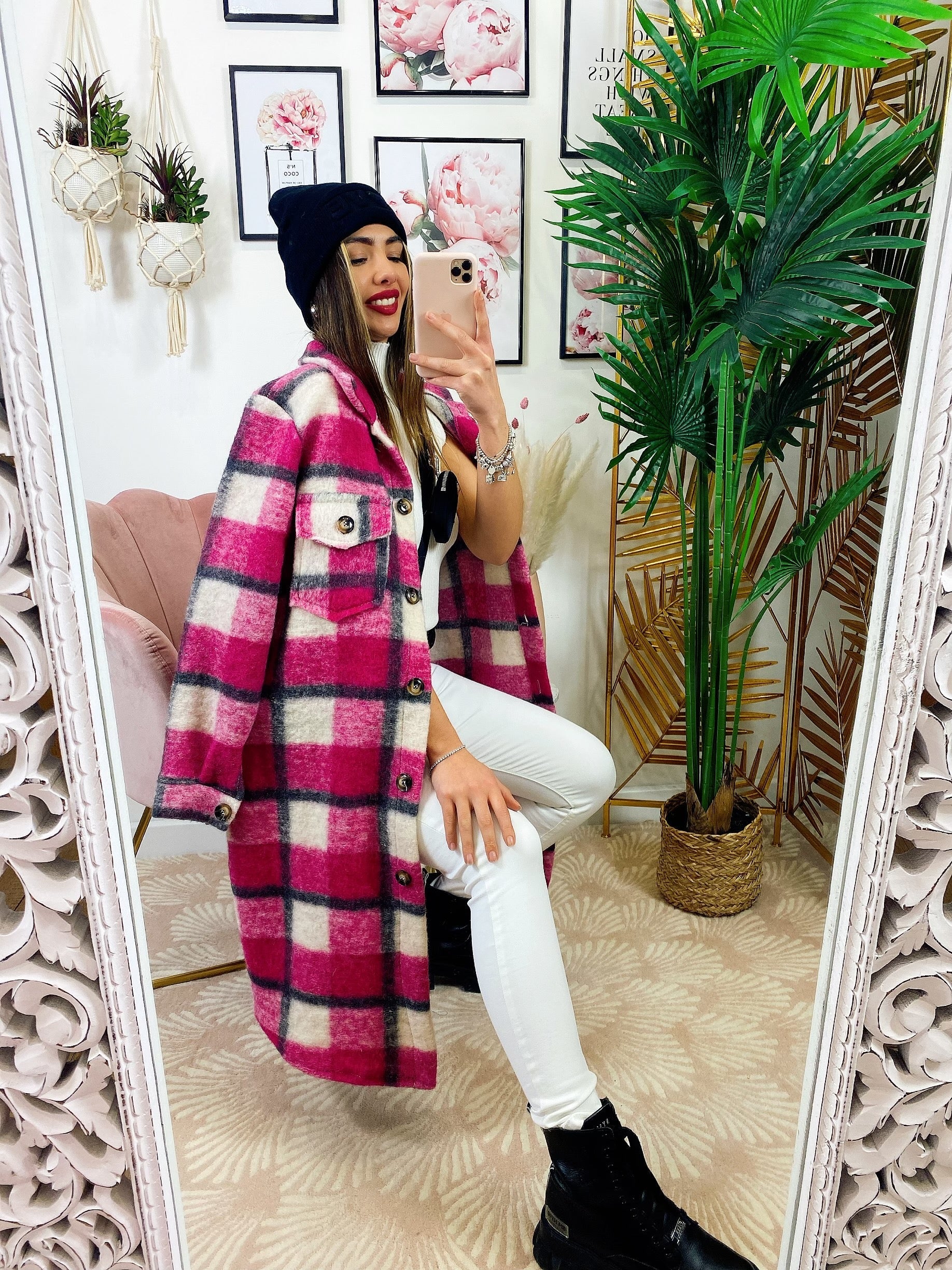 Giacca a quadri lunga Fucsia