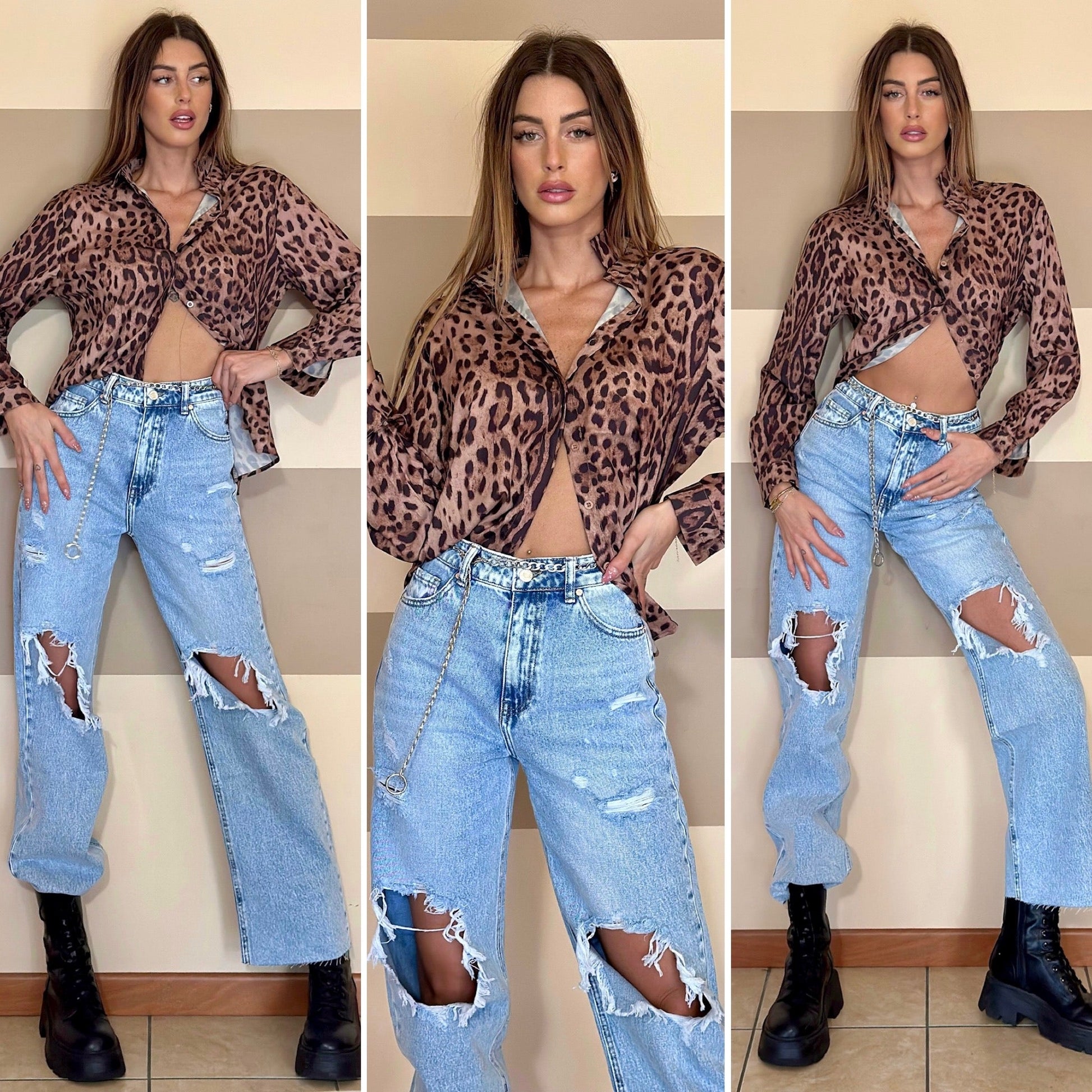 Jeans con strappi e cintura con catene
