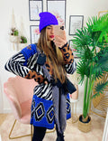 Cardigan Zebrato con frange e cinta in Blu