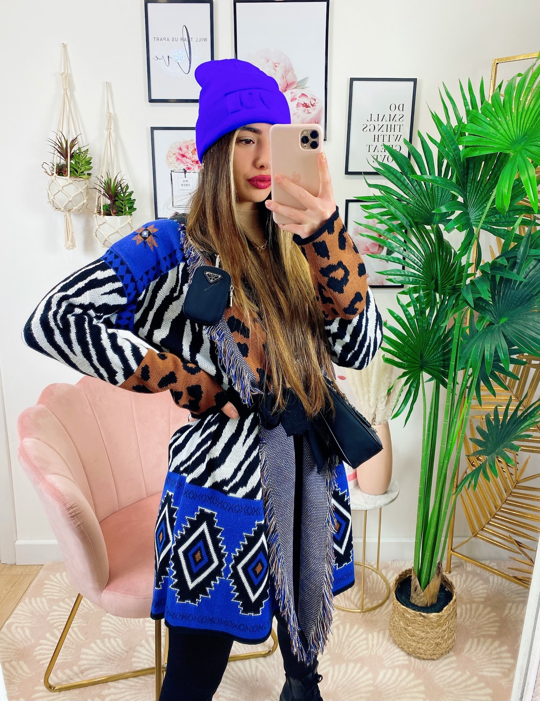 Cardigan Zebrato con frange e cinta in Blu