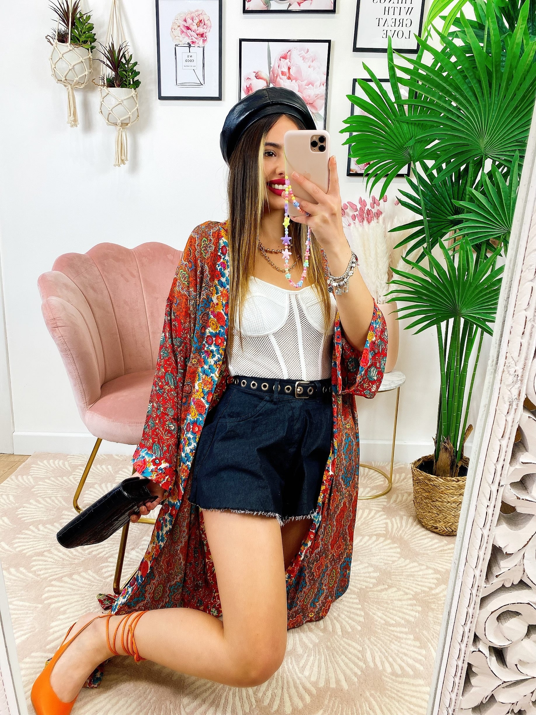 Kimono in seta etnico base Rossa con fiori
