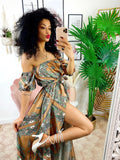 Abito in raso con maxi spacco a fantasia nude