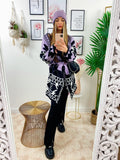Cardigan lilla con frange e cinta