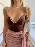 Body in velluto marrone con strass