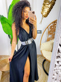 Abito in raso con maxi spacco nero