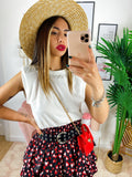 T-Shirt con perle e spalline bombate
