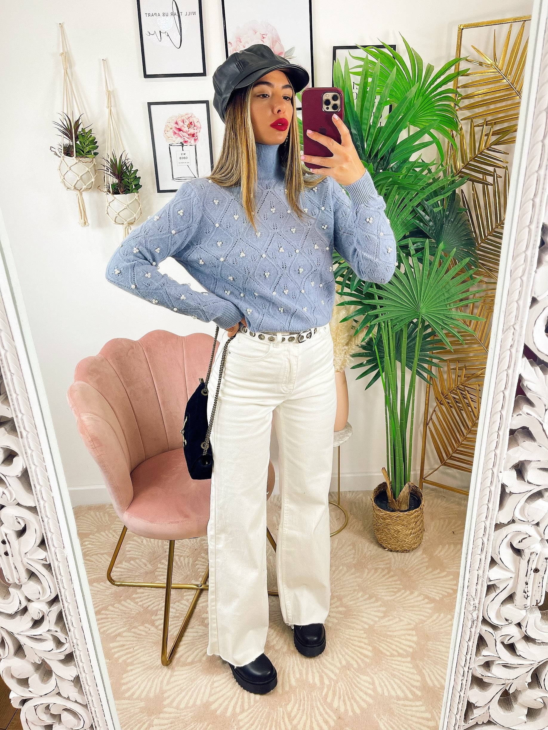 Maglione top quality con perle celeste