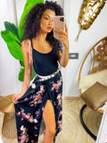 Abito lungo nero con gonna a fiori