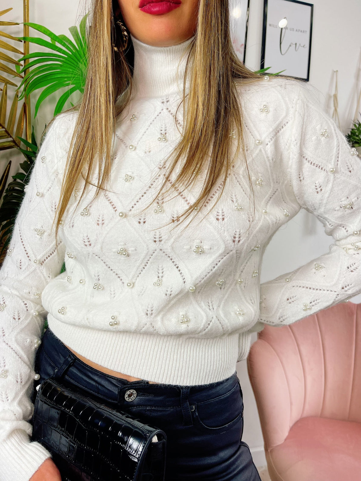 Maglione top quality con perle bianco