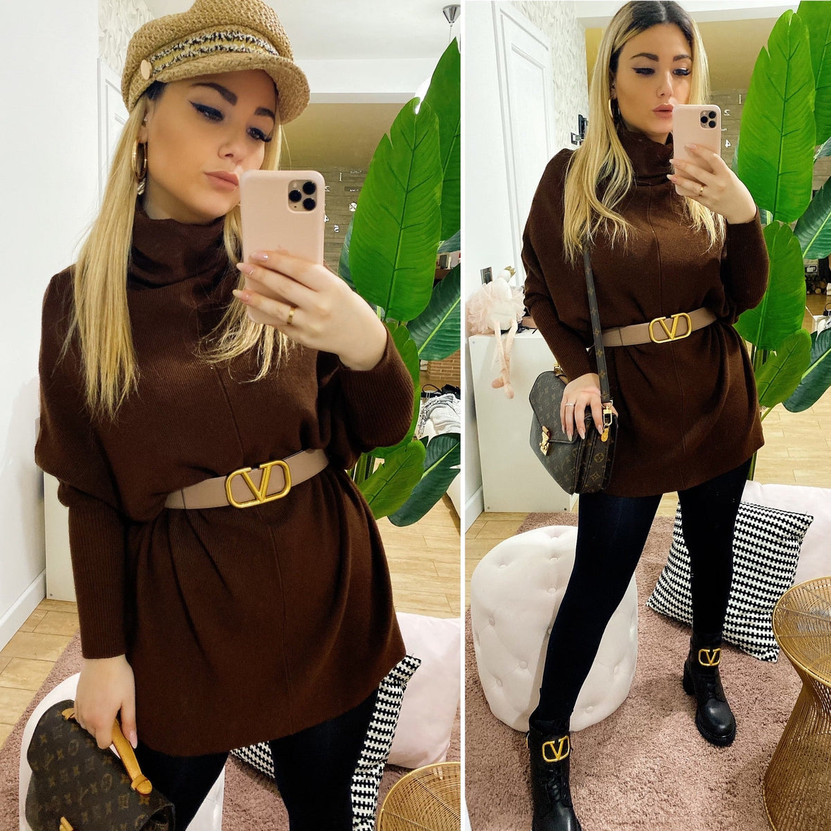 Abito in maglia manica ampia marrone