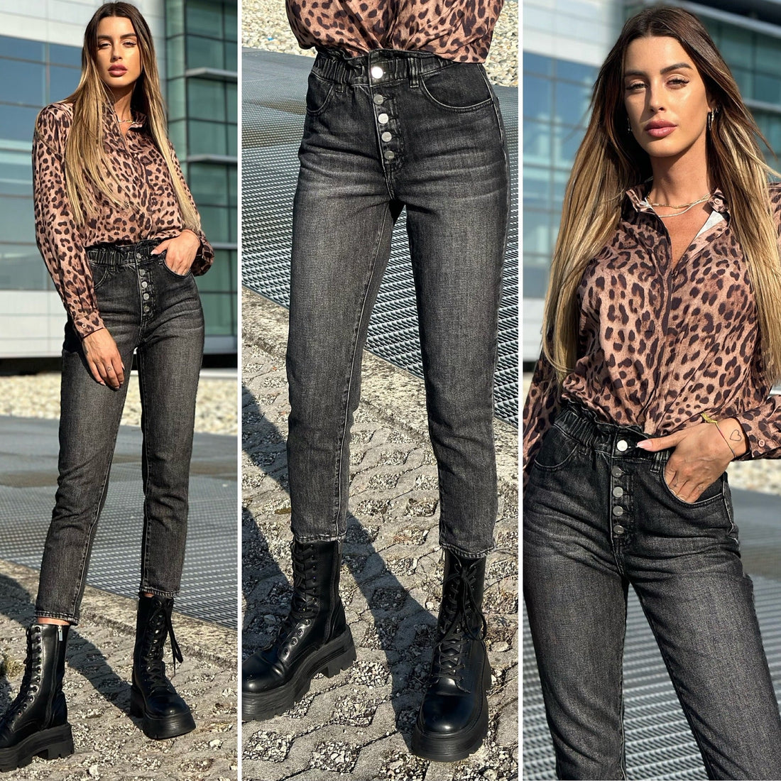 Jeans a vita alta grigio/nero