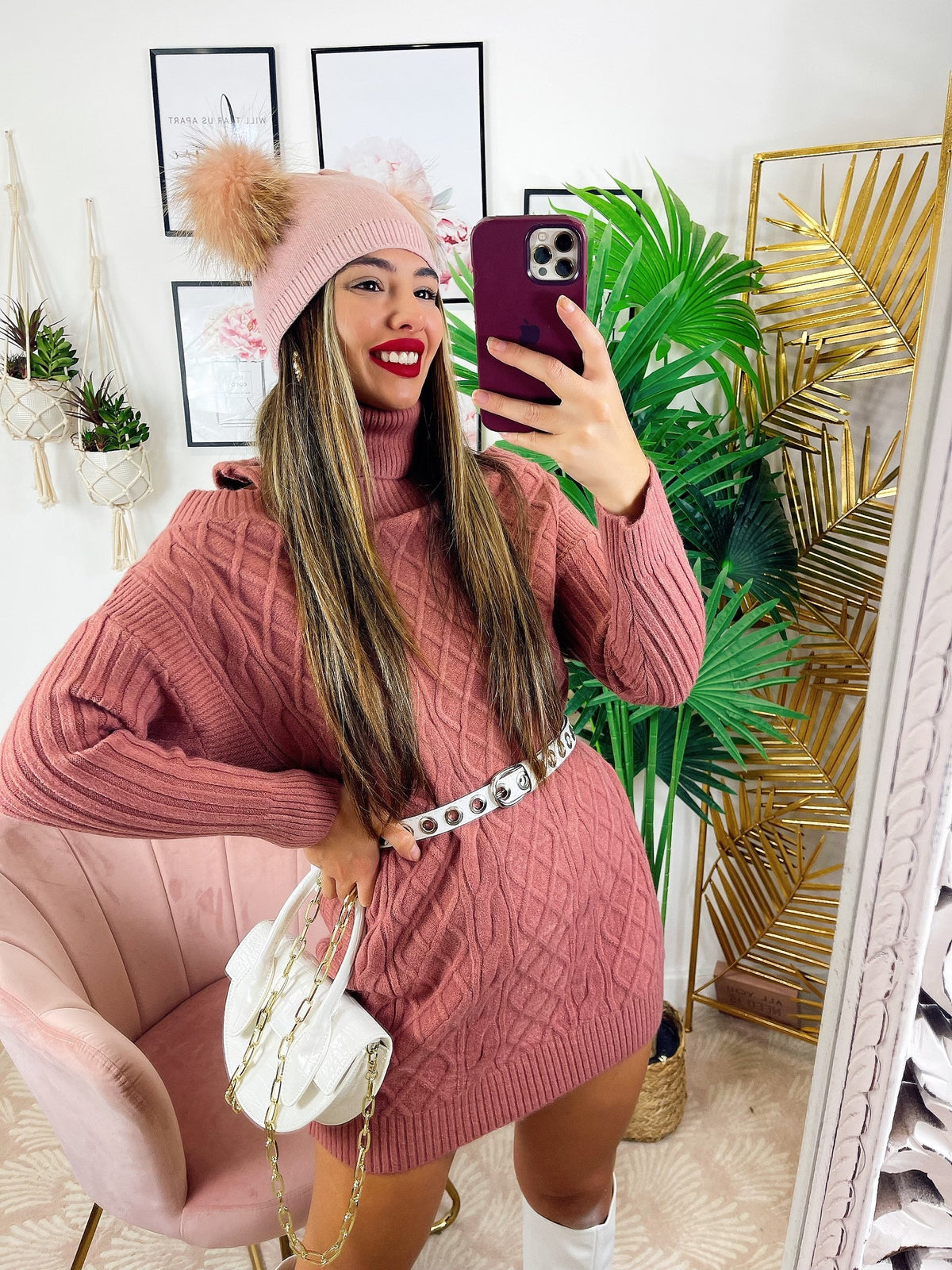 Maxi maglia a collo alto rosa
