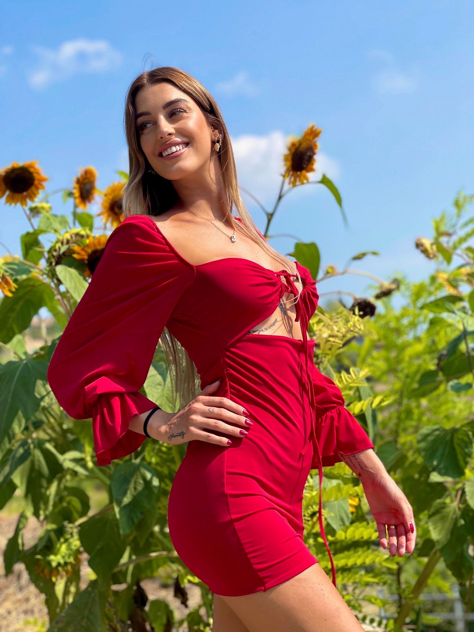 Abito rosso manica lunga con incrocio