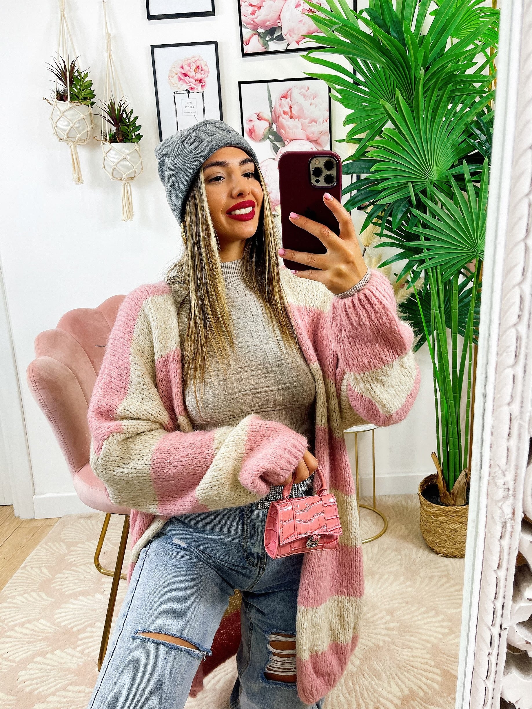 Cardigan morbido a righe rosa