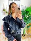 Giacca di jeans nero con rouches e marsupio
